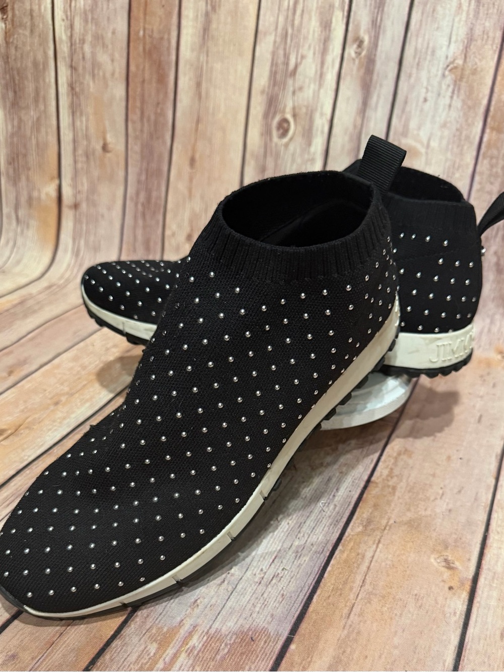 JIMMY CHOO Norway Black Slip-On Knit Sneakers w/ Silver Studs - Women’s Size 39